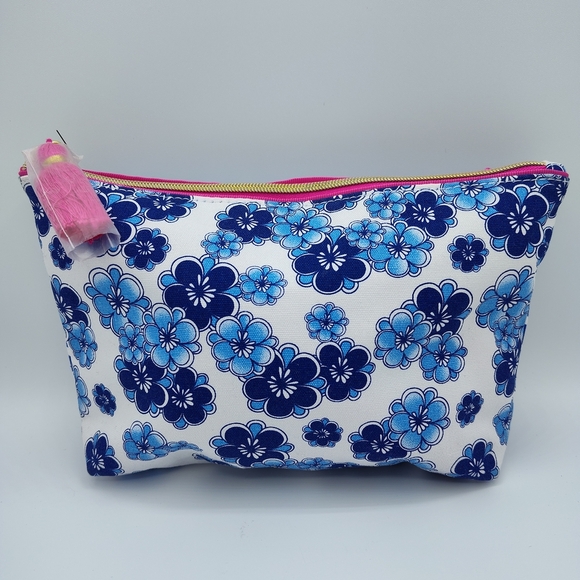 Estee Lauder Handbags - Estée Lauder Blue Floral Recycled Makeup Bag w/ Pink Tassel Zipper Pouch